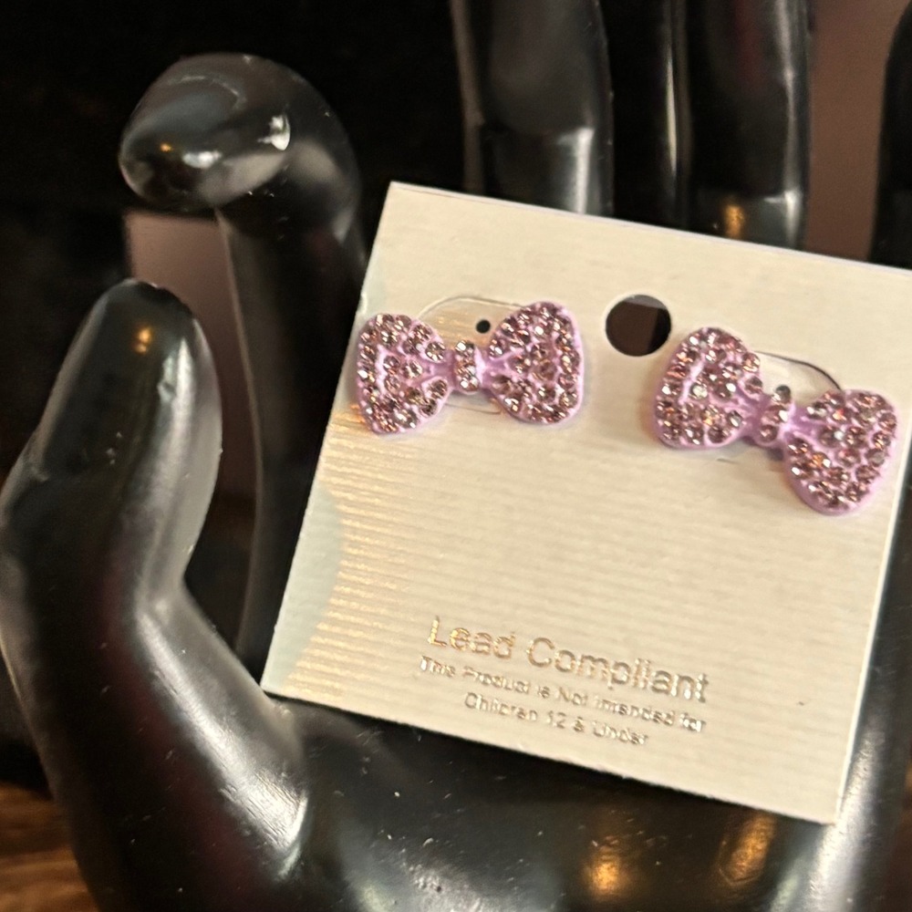 Lavender Pink Rhinestone Bow Stud Earrings Lead Compliant Pave Sparkle